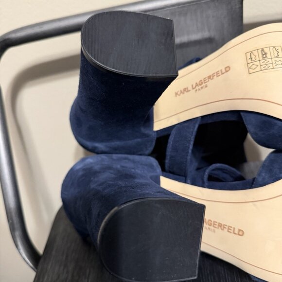 Karl Lagerfeld Paris Navy Blue Suede Ankle Strap Block Heels - Picture 13 of 13